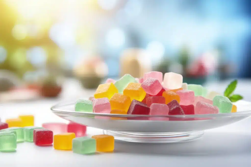 Une assiette remplis de gummies multicolores au ton pastel pour illustrer l'article sur l'origine des gummies.