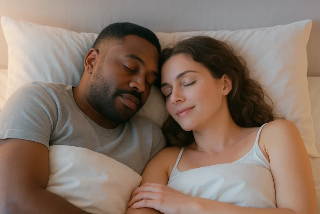 Un couple qui dort paisiblement car il a pris des gummies sommeil
