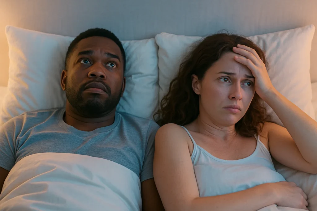 Un couple ne trouvant pas le sommeil car il n'a pas pris de gummies sommeil