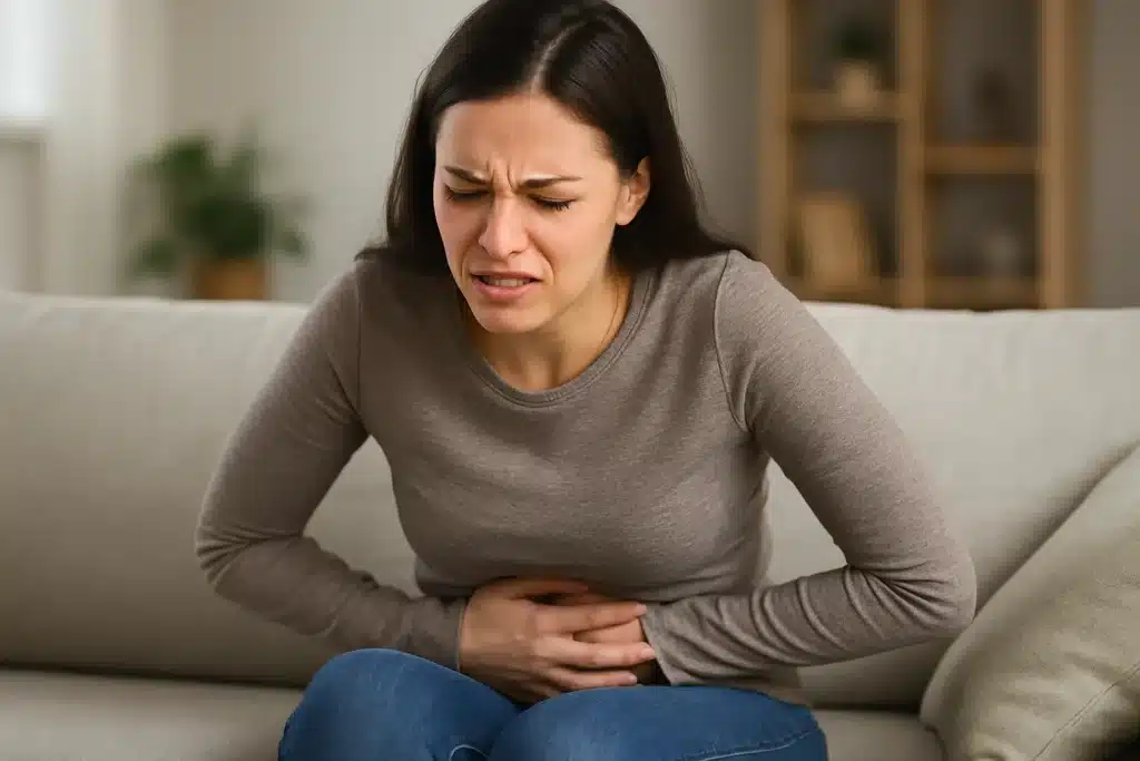 Une femme qui se tient le vendre a cause d'une digestion difficile