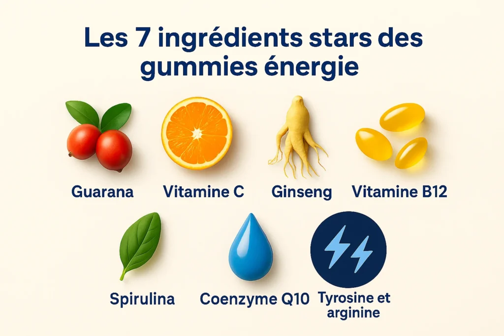 Ingrédients naturels des gummies énergie : guarana, vitamine C, ginseng, vitamine B12, spiruline, coenzyme Q10, tyrosine et arginine