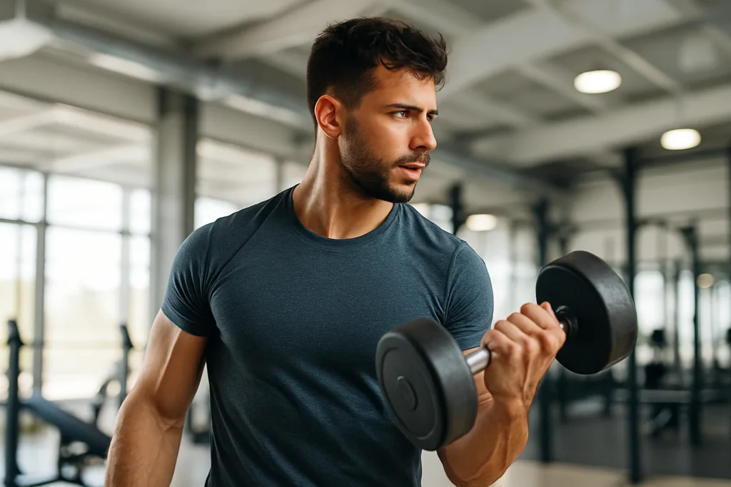 Homme sportif en salle de musculation soulevant un haltère avec énergie et concentration