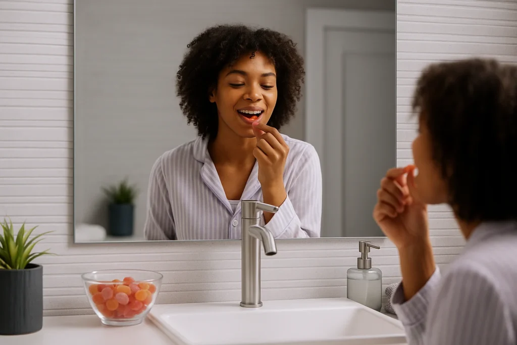 Reflet d'une femme en pyjama dans un miroir de salle de bain, en train de manger un complément vitaminé gélifié, illustrant les bienfaits des gummies dans une routine matinale.