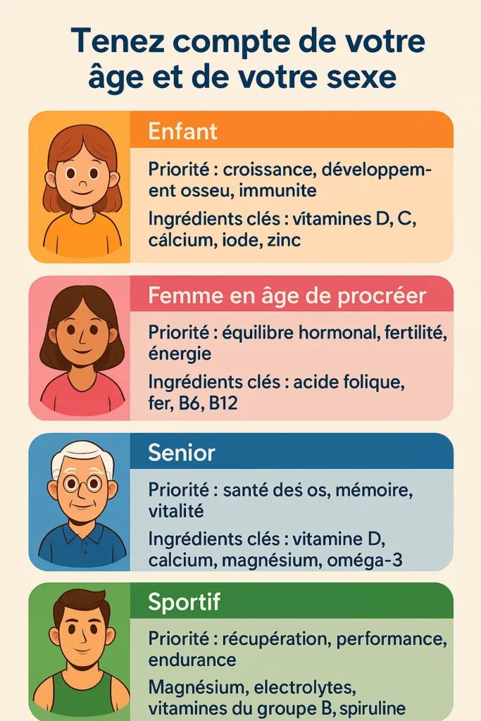 Infographie : comment choisir ses gummies selon l’âge et le sexe – enfants, femmes, seniors, sportifs.