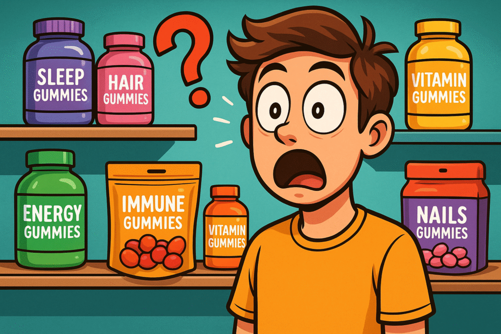 Un jeune homme stupéfait face à un rayon rempli de pots colorés aux promesses variées, l’air totalement perdu car il se demande comment il va choisir ses gummies.