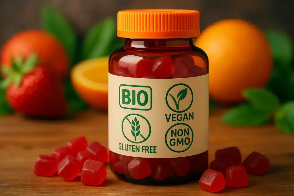 Flacon de gummies labellisés bio, vegan, sans gluten et sans OGM posé sur une table en bois, entouré de fruits frais