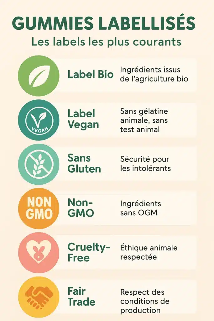 Infographie des principaux labels de qualité pour gummies labellisés : bio, vegan, sans gluten, non-GMO, cruelty-free, fair trade