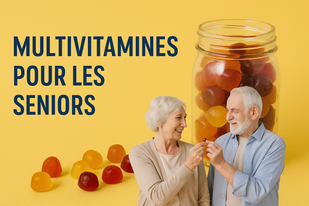 Couple senior souriant avec des gummies multivitamines pour les seniors dans un pot en verre, illustrant santé et bien-être après 50 ans