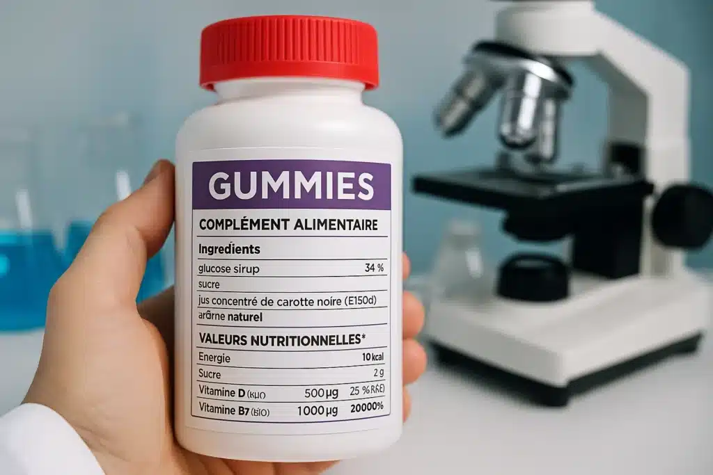 Composition des gummies : flacon de complément alimentaire montrant les ingrédients (glucose sirop, sucre, arômes naturels) et les valeurs nutritionnelles.