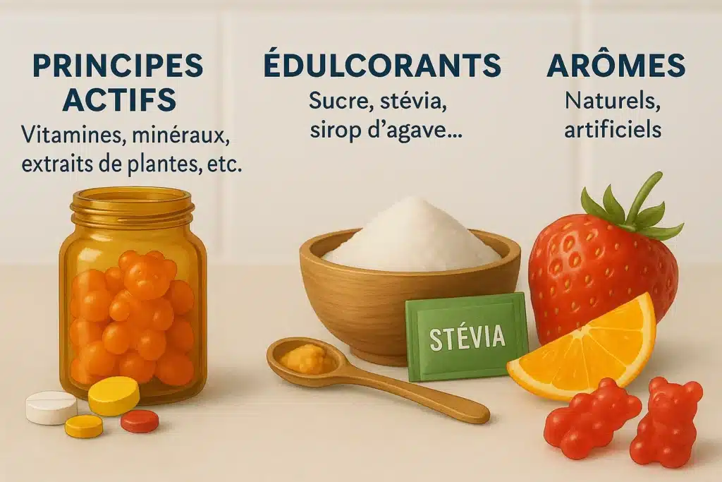 Infographie réaliste sur la composition des gummies montrant trois parties distinctes : principes actifs, édulcorants et arômes, illustrées par des gummies, sucrants et fruits frais sur un plan de cuisine.