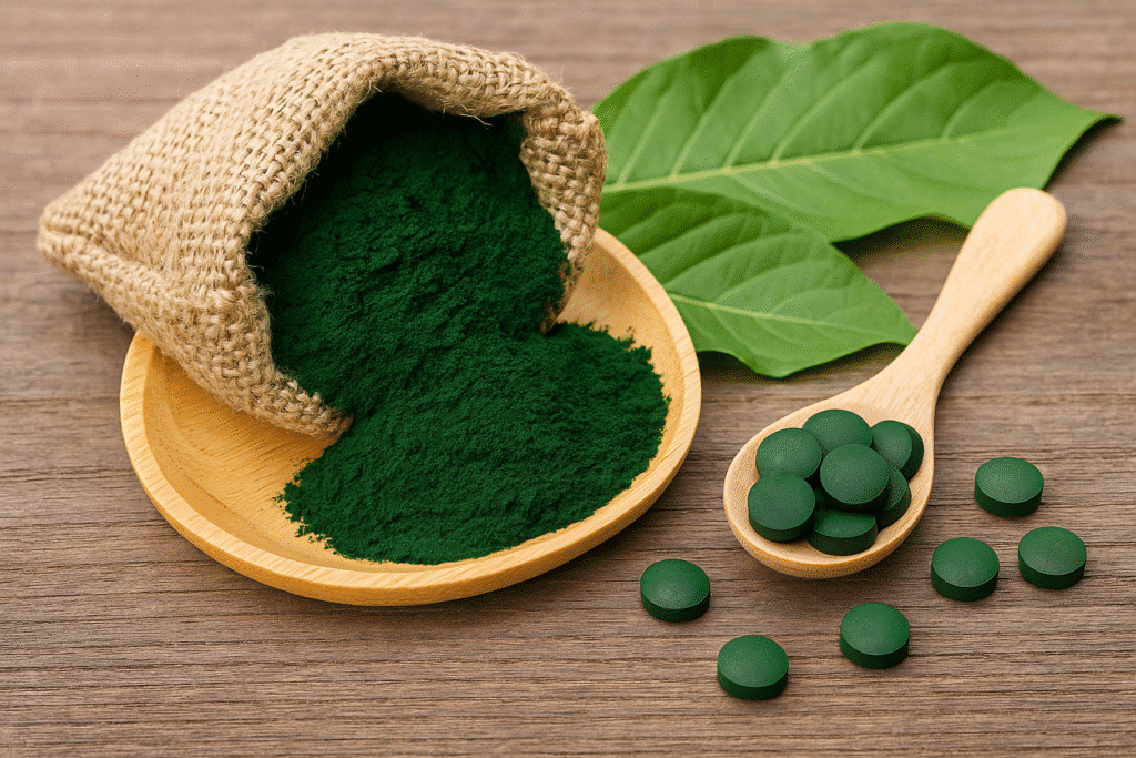 Poudre de spiruline dans un petit sac en toile avec des comprimés verts sur une cuillère en bois, posés sur une table naturelle.