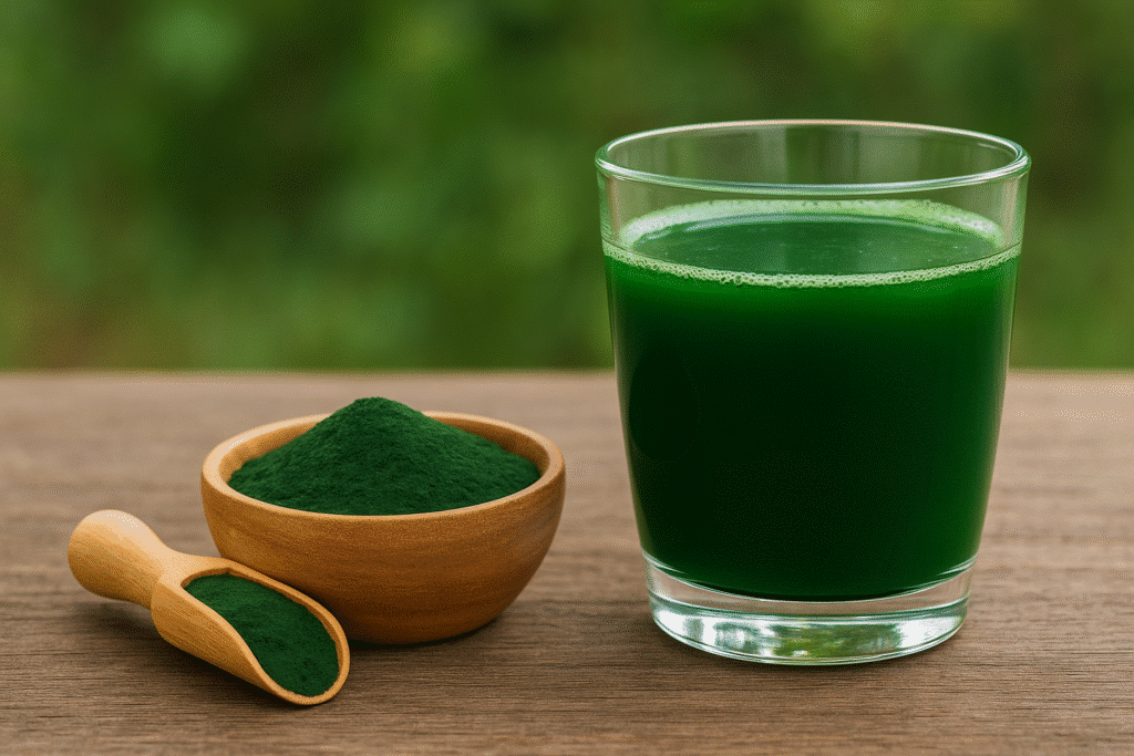 Bienfaits de la spiruline : verre de spiruline liquide verte sur table en bois, à côté d’une cuillère de poudre.