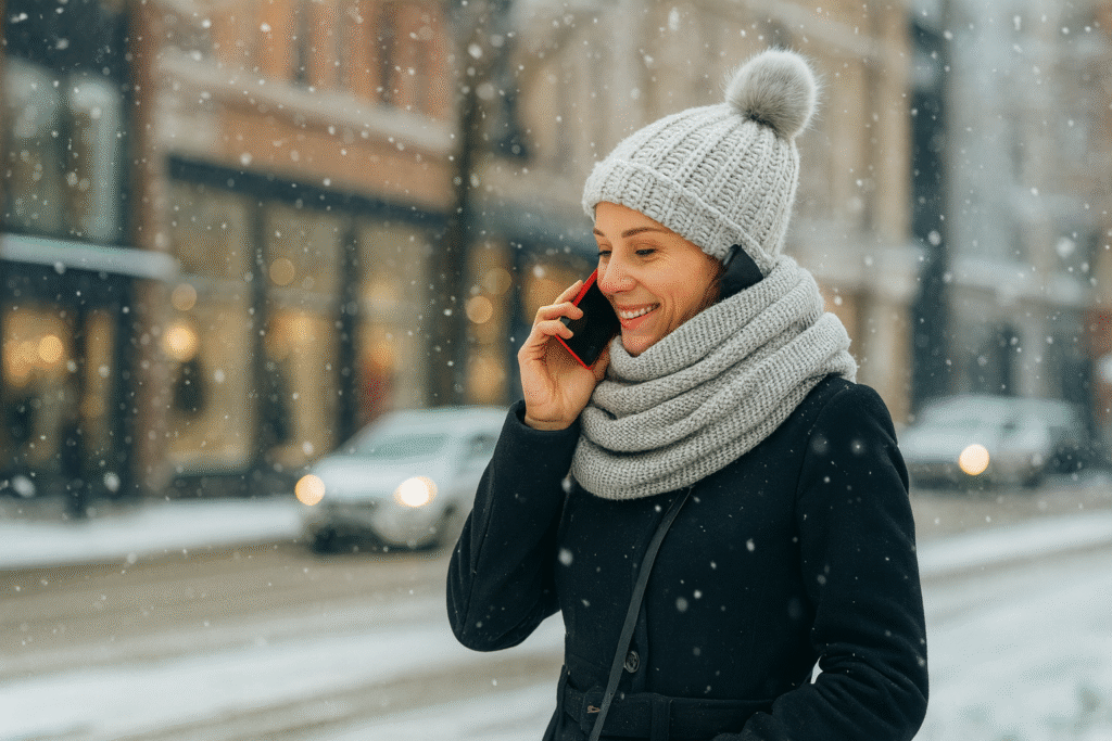 Femme en tenue d’hiver utilisant son téléphone en ville sous la neige, scène illustrant la fatigue hivernale