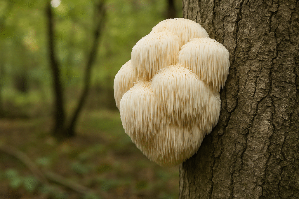 champignon crinière de lion sur un tronc d’arbre en forêt